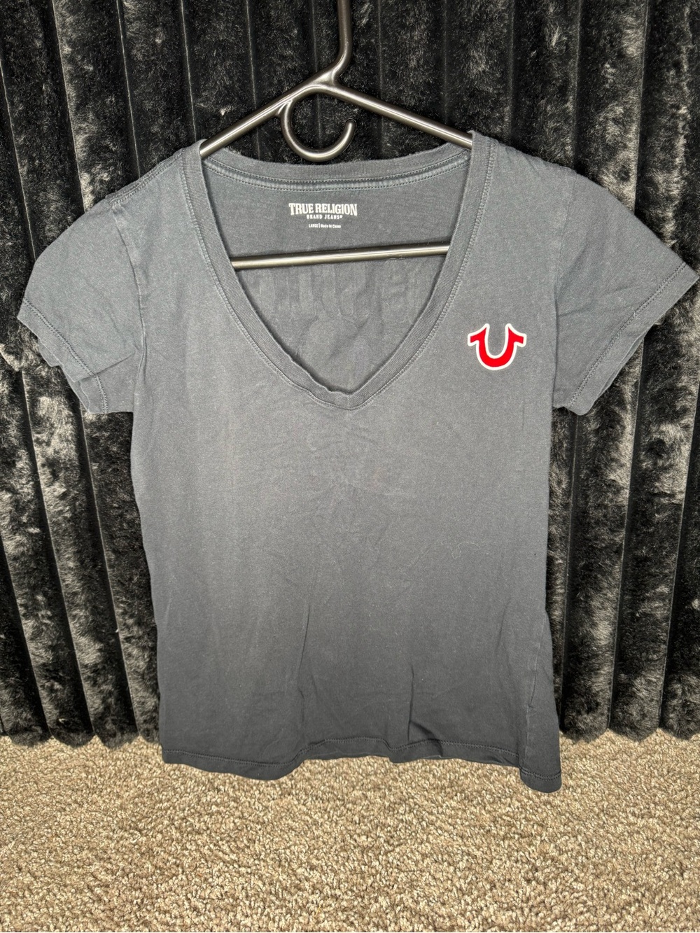 True Religion Women's Black V-Neck Logo Tee